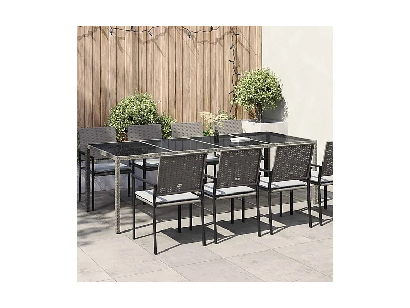 Table de jardin gris 250x100x75 cm Verre trempé et poly rotin