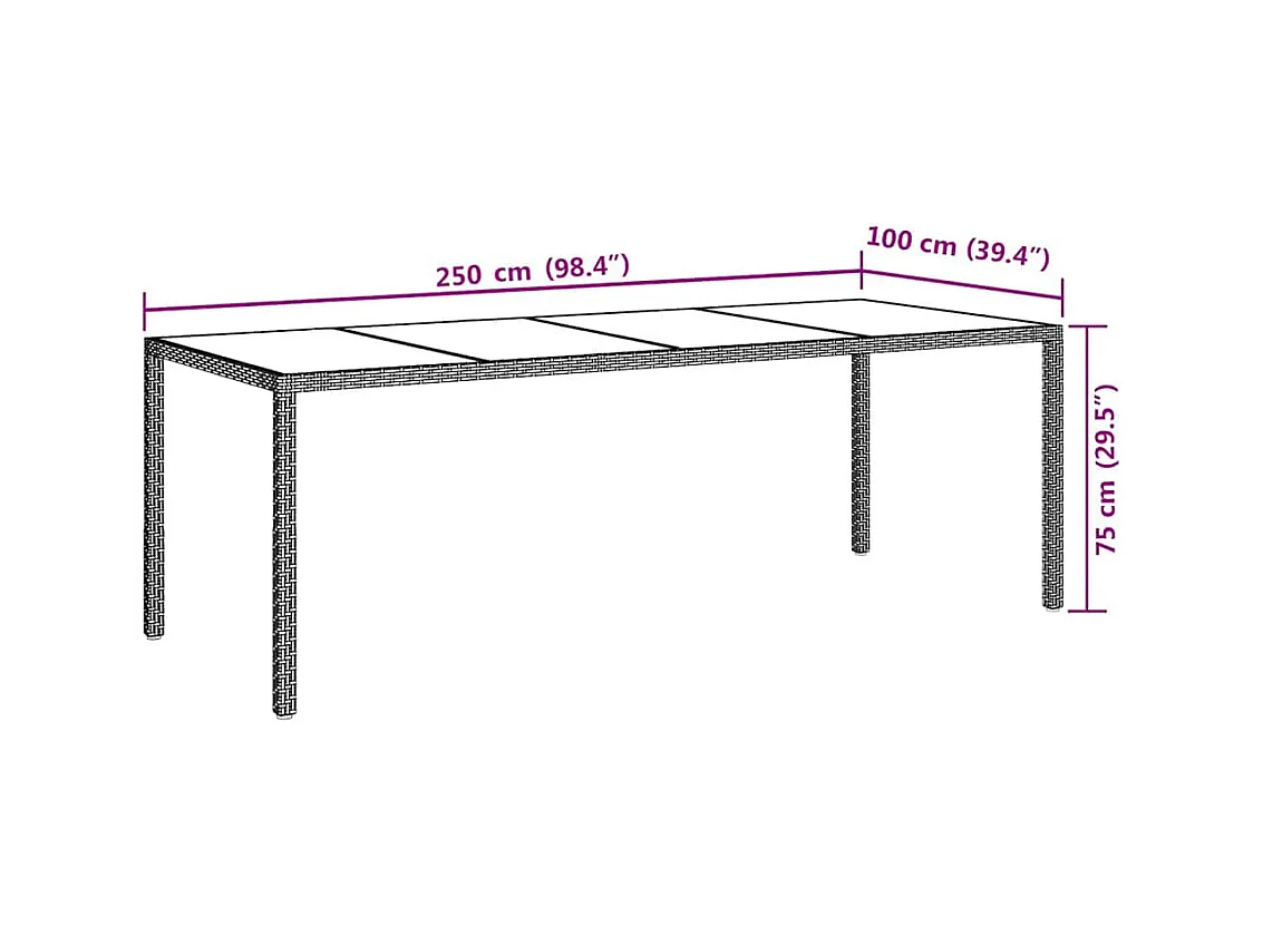 Table de jardin gris 250x100x75 cm Verre trempé et poly rotin
