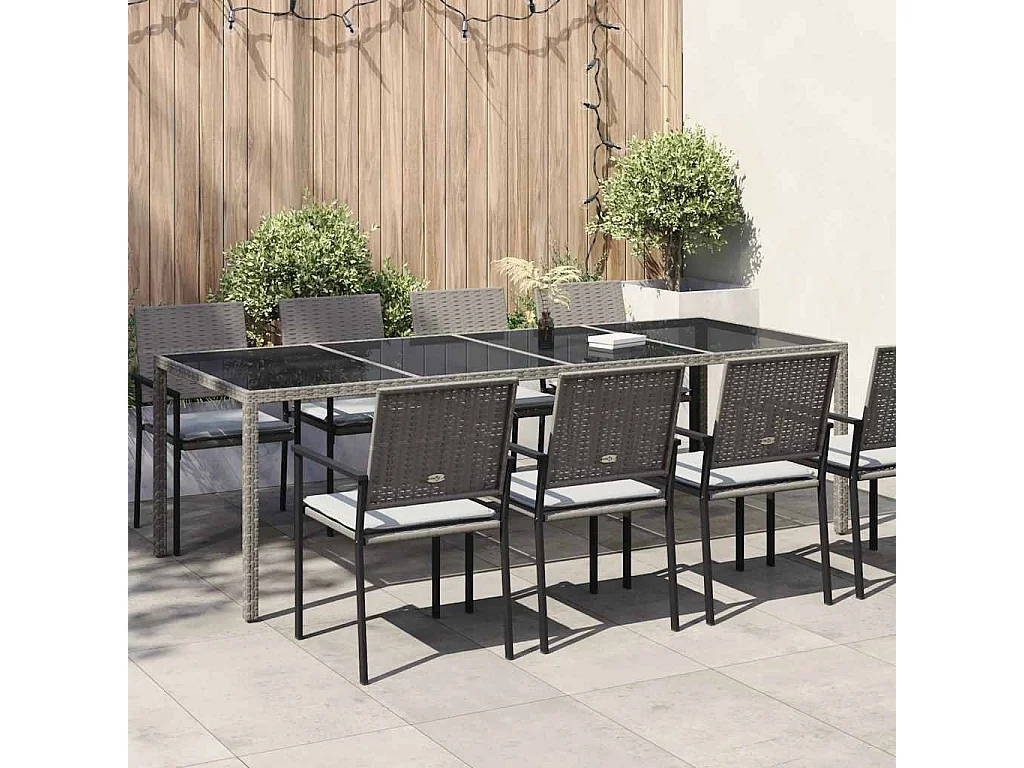 Tuintafel 250x100x75 cm gehard glas en poly rattan grijs