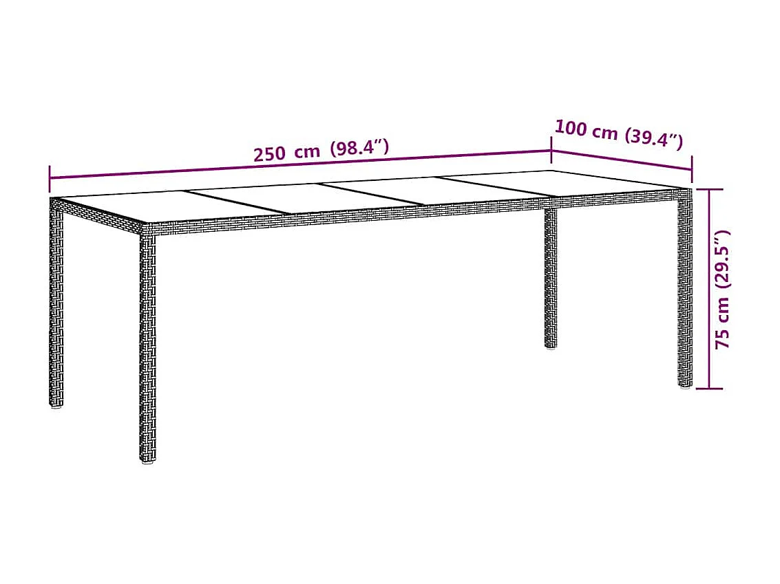 Tuintafel 250x100x75 cm gehard glas en poly rattan grijs
