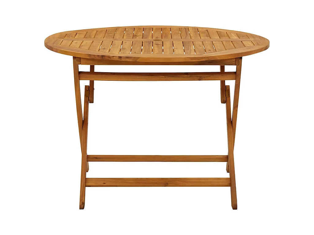 Składany stół ogrodowy o długości 110 cm, wykonany z litego drewna akacjowego.