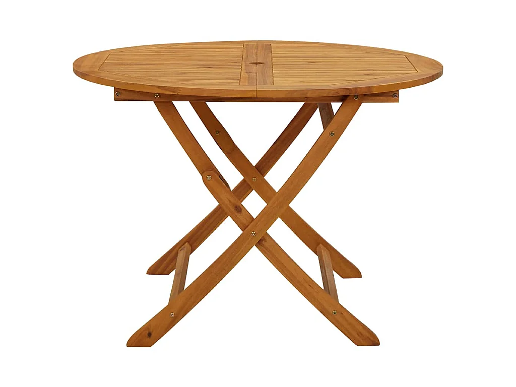 Składany stół ogrodowy o długości 110 cm, wykonany z litego drewna akacjowego.