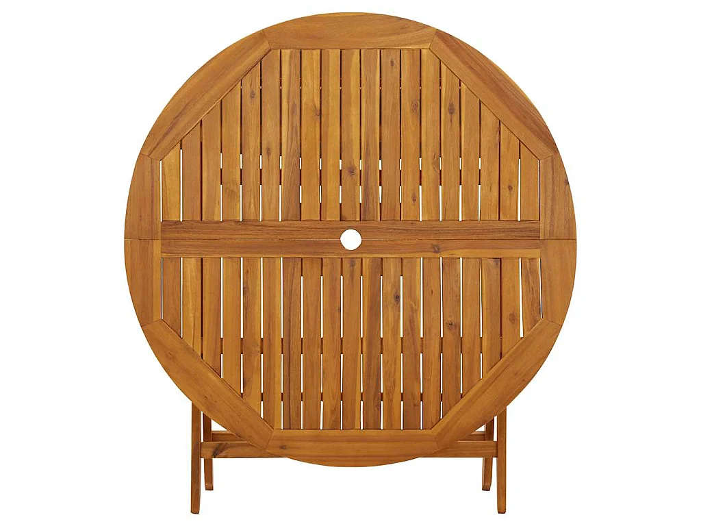 Składany stół ogrodowy o długości 110 cm, wykonany z litego drewna akacjowego.