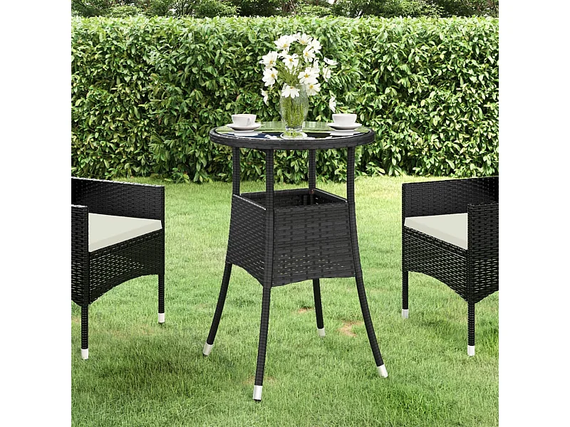 Gartentisch Ø60x75 cm Hartglas und Poly Rattan Schwarz