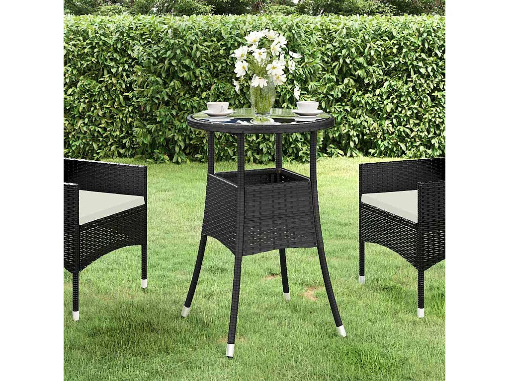 Table de jardin Ø60x75 cm Verre trempé/résine tressée Noir