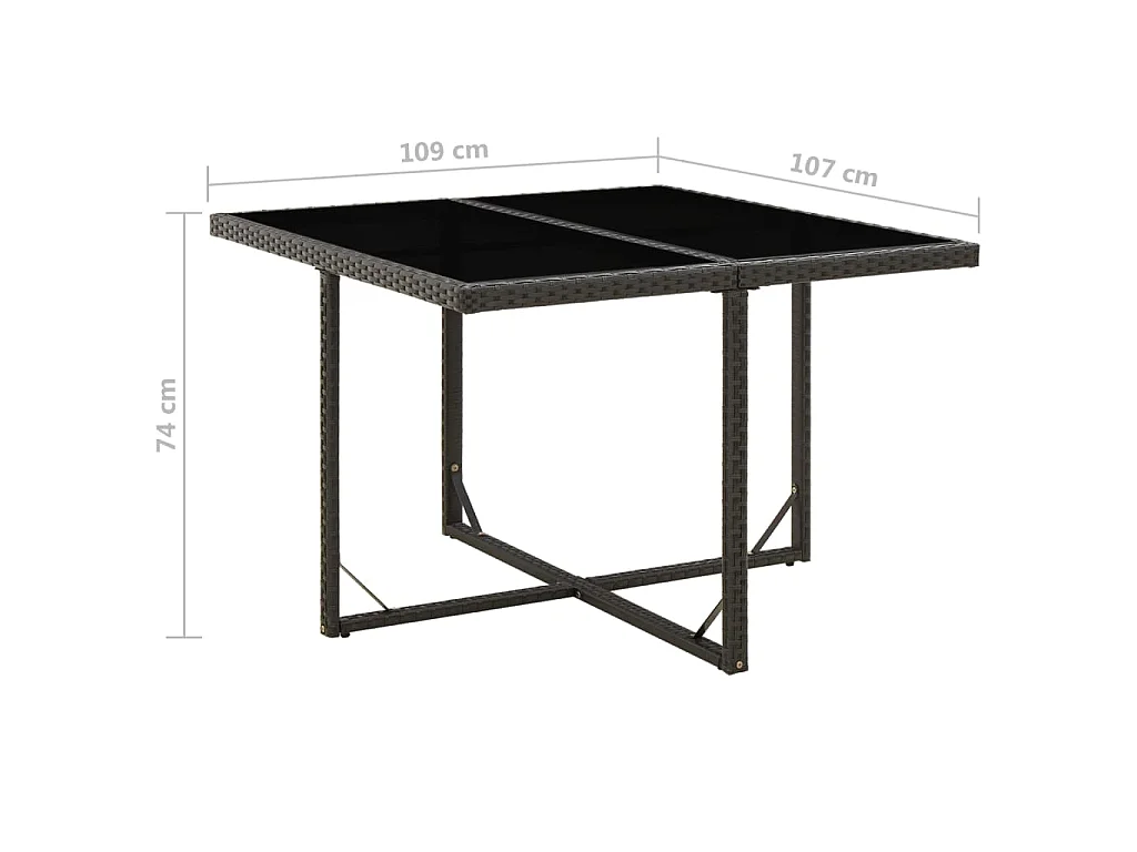 Tuintafel 109x107x74 cm poly rattan en glas zwart
