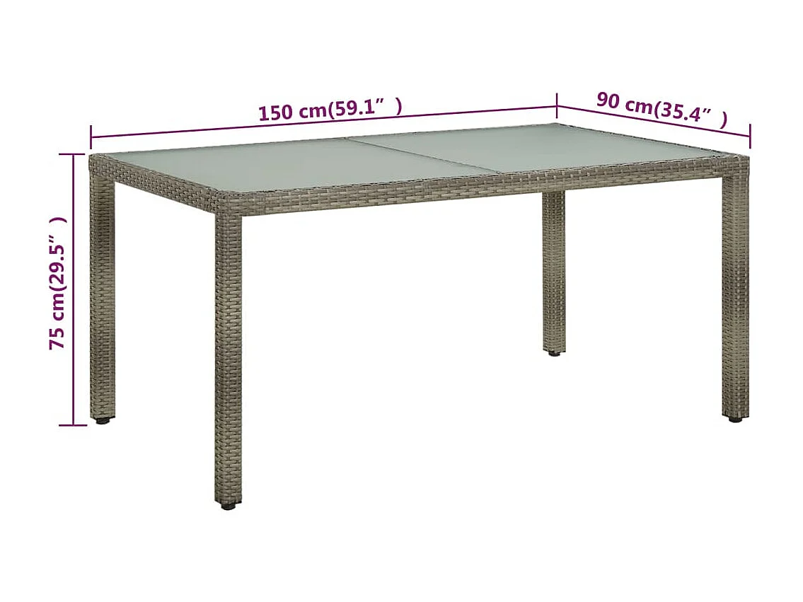 Tuintafel 150x90x75 cm gehard glas en poly rattan grijs