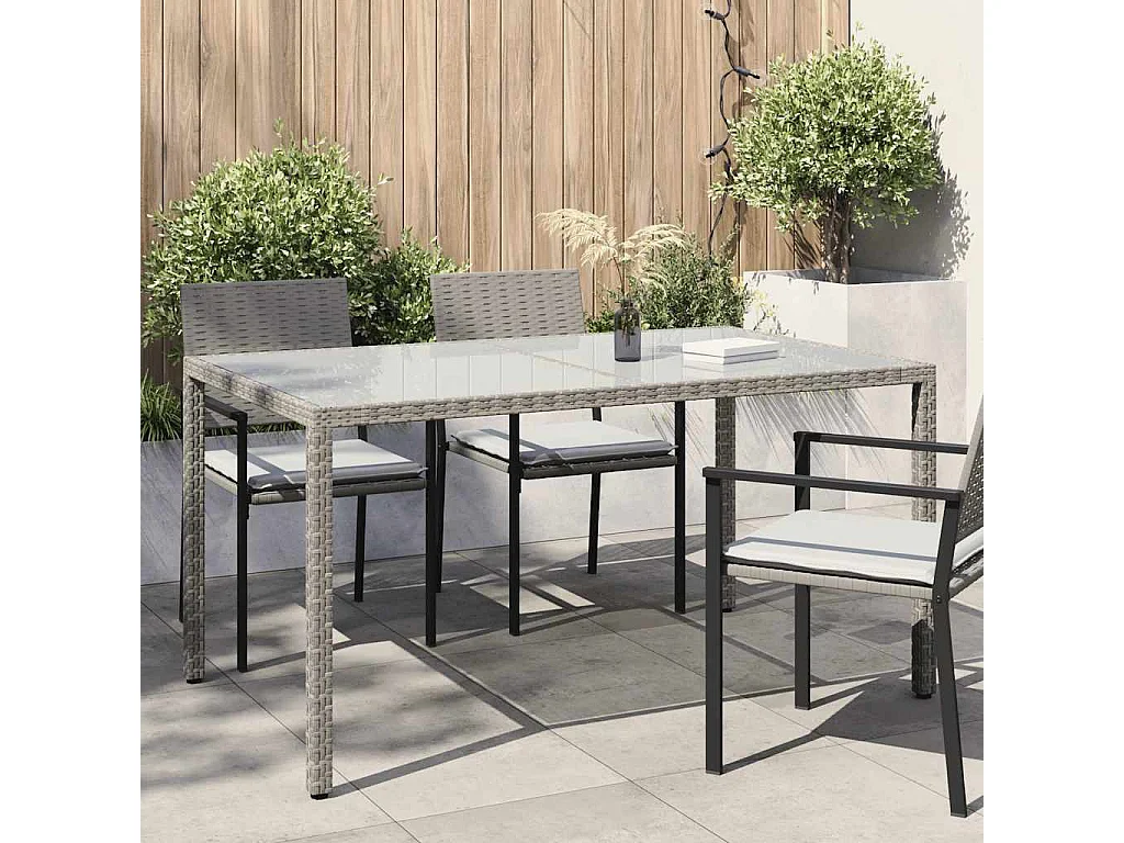 Tavolo Giardino 150x90x75cm Vetro Temperato e Polyrattan Grigio