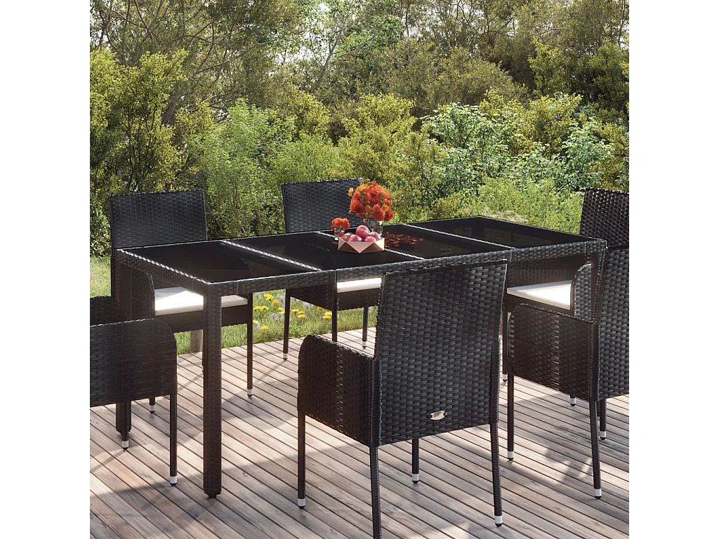 Tuintafel met glazen blad 190x90x75 cm poly rattan zwart