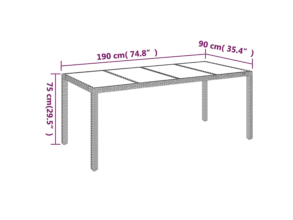Tuintafel met glazen blad 190x90x75 cm poly rattan zwart