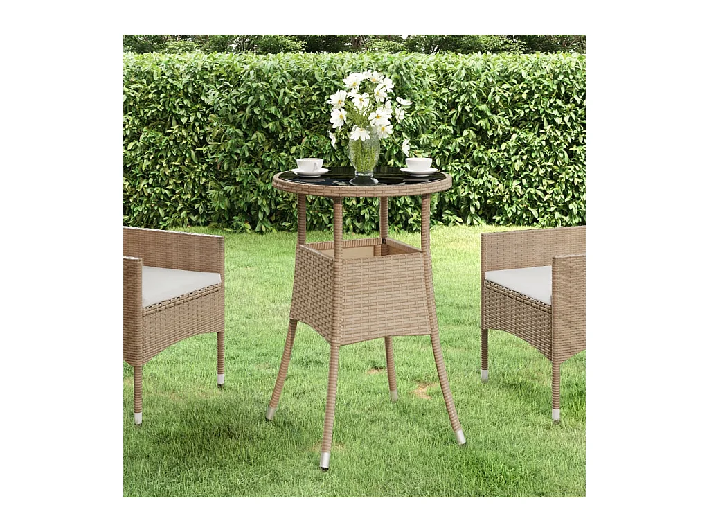 Table de jardin Ø60x75 cm Verre trempé/résine tressée Beige