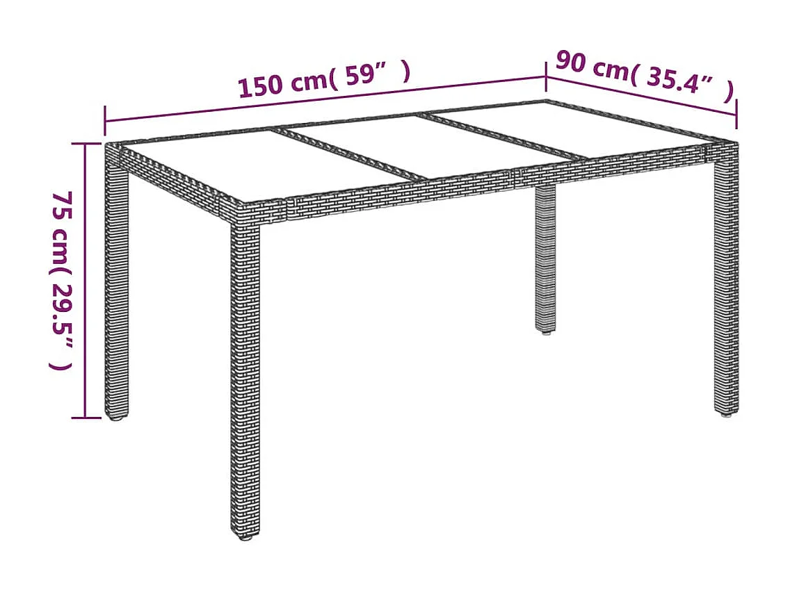 Tuintafel met glazen blad 150x90x75 cm poly rattan grijs