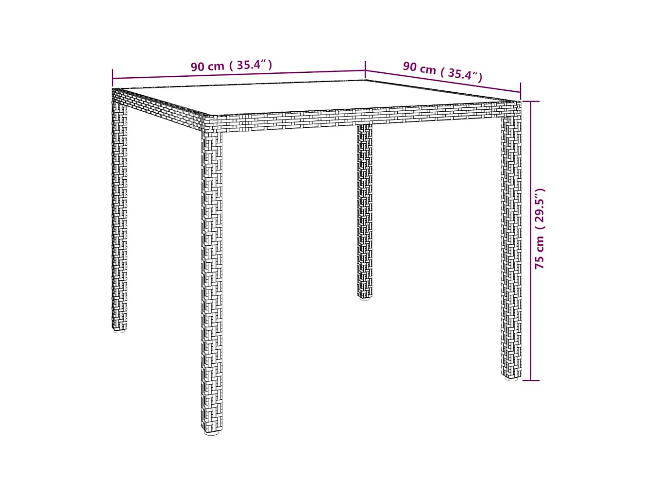 Table de jardin 90x90x75 cm Verre trempé et résine tressée Gris