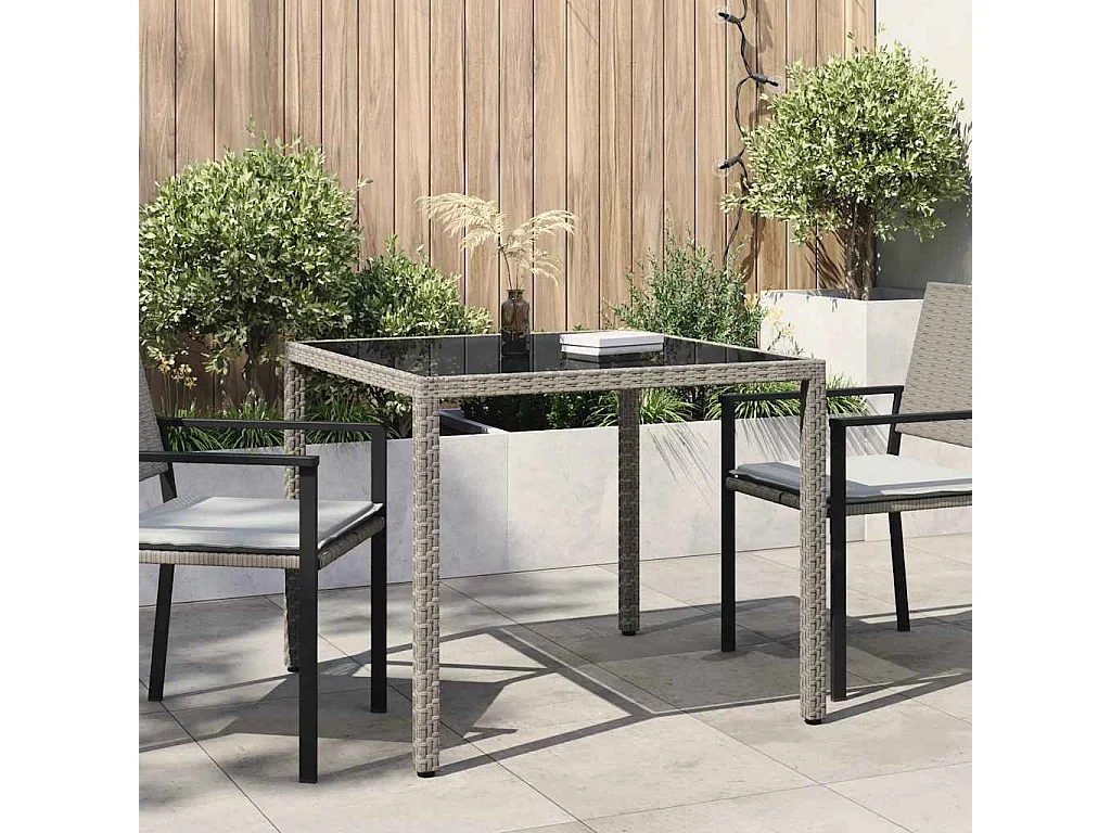 Tuintafel 90x90x75 cm gehard glas en poly rattan grijs