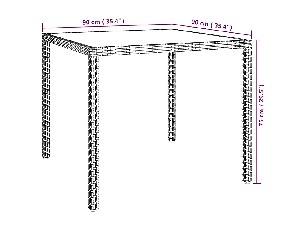 Tuintafel 90x90x75 cm gehard glas en poly rattan grijs