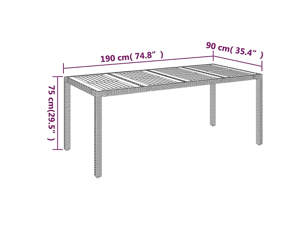 Table de jardin dessus en bois Noir 190x90x75 cm Résine tressée