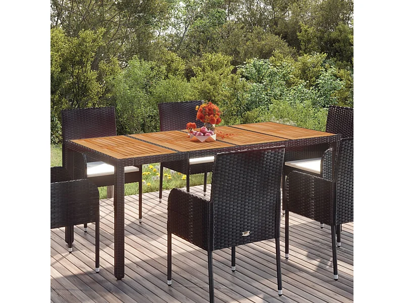 Tuintafel met houten blad 190x90x75 cm poly rattan zwart