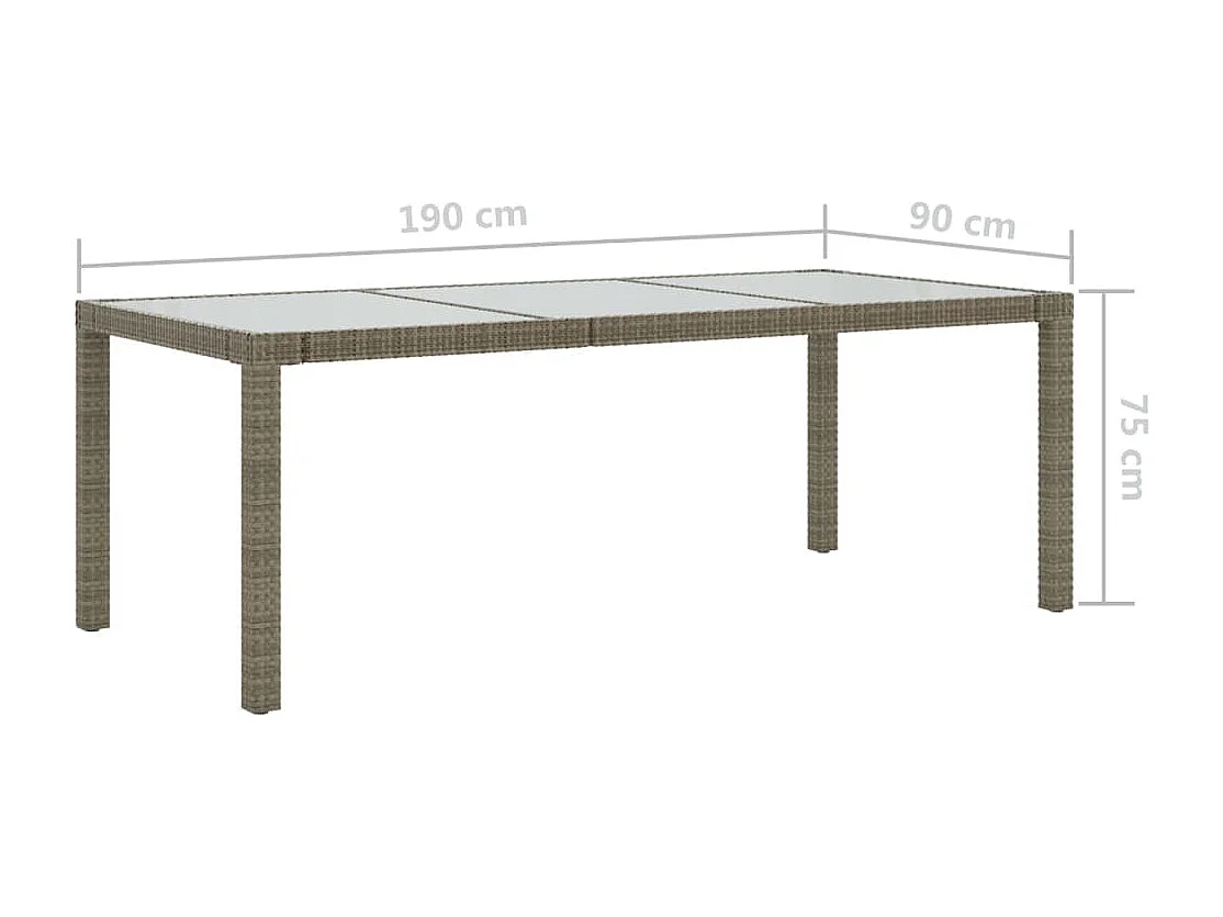 Tuintafel 190x90x75 cm gehard glas en poly rattan grijs
