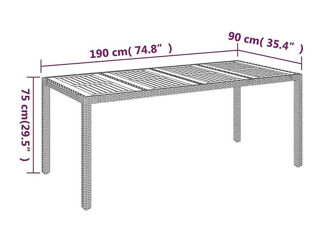 Table de jardin dessus en bois Gris 190x90x75 cm Résine tressée