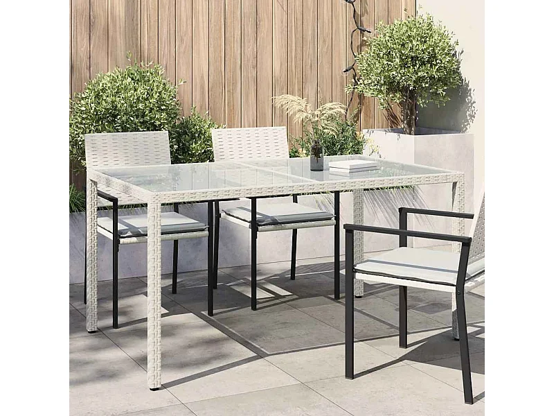 Table de jardin 150x90x75 cm Verre trempé/résine tressée Blanc