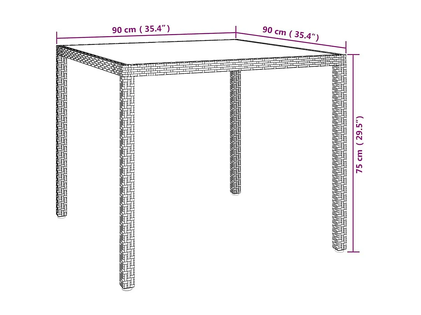 Table de jardin 90x90x75cm Verre trempé et résine tressée Blanc
