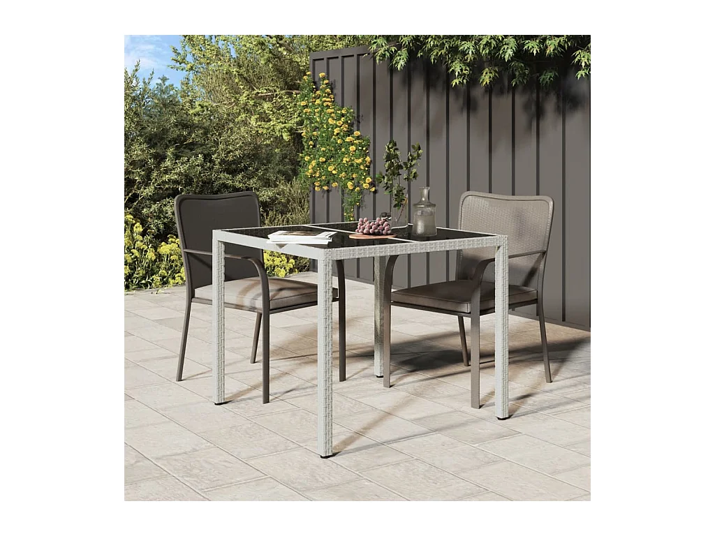 Gartentisch 90x90x75 cm Gehärtetes Glas Poly Rattan Weiß