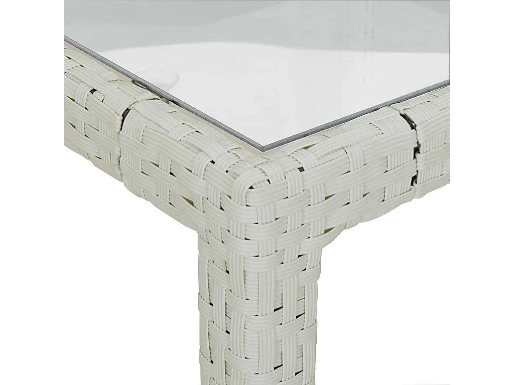 Table de jardin 90x90x75cm Verre trempé et résine tressée Blanc