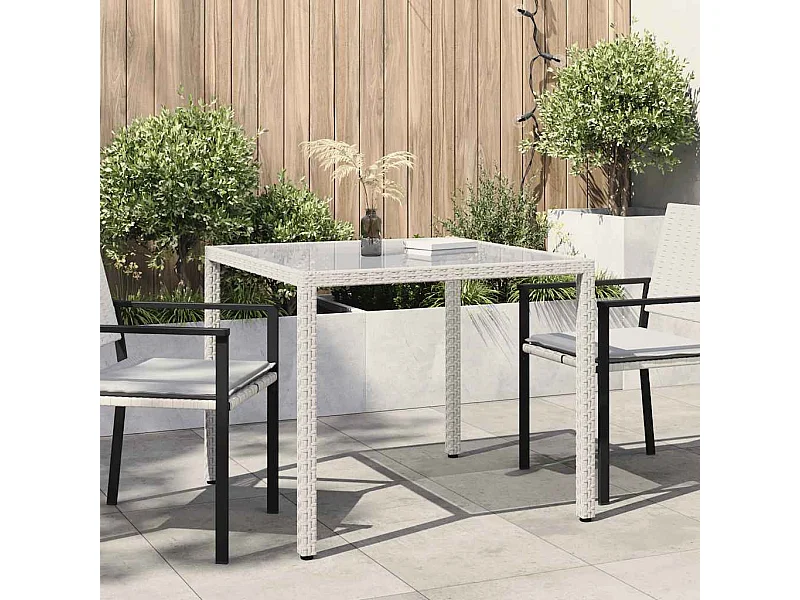 Table de jardin 90x90x75cm Verre trempé et résine tressée Blanc