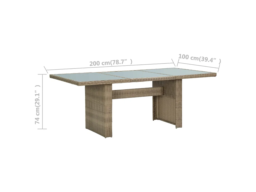 Tuintafel 200x100x74 cm glas en poly rattan bruin