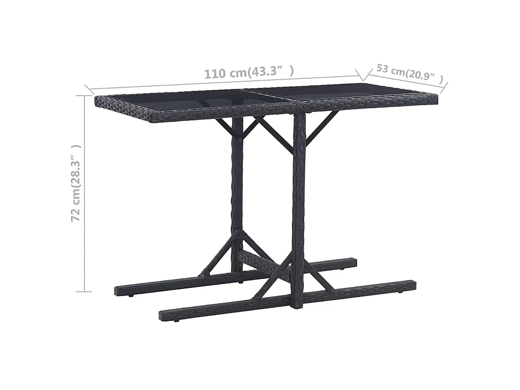 Tuintafel 110x53x72 cm glas en poly rattan zwart