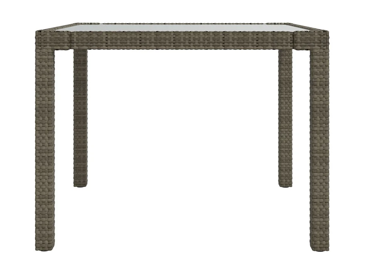 Tuintafel 90x90x75 cm gehard glas en poly rattan grijs