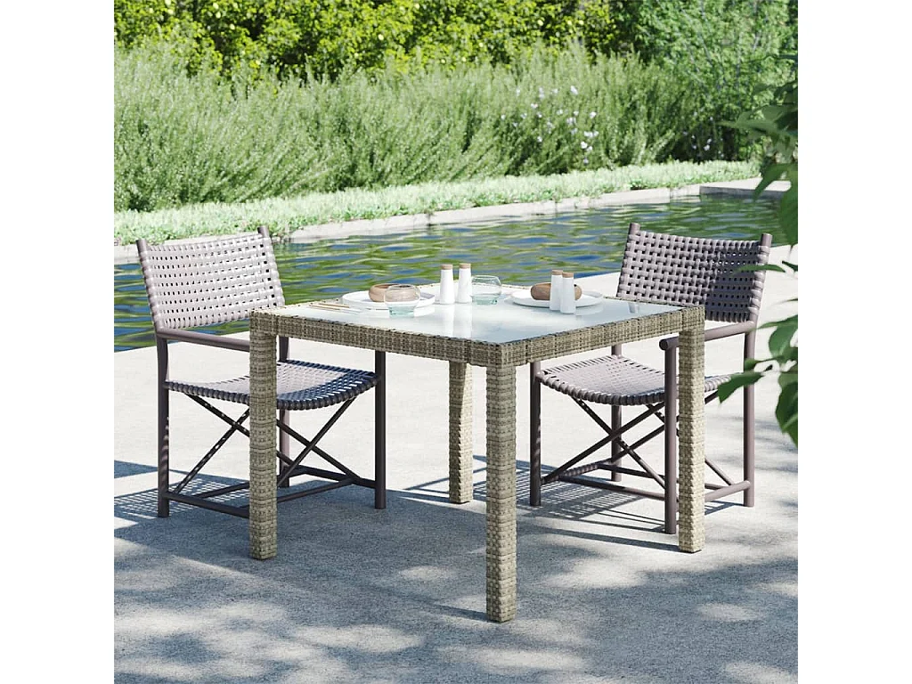 Table de jardin 90x90x75 cm Verre trempé et résine tressée Gris
