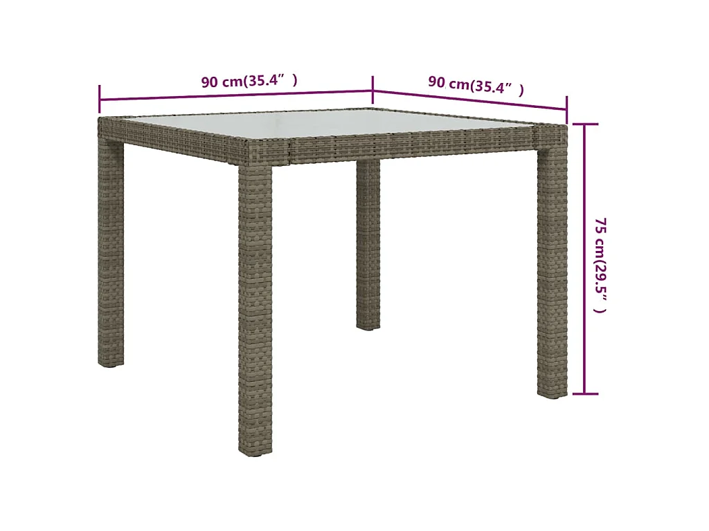 Mesa de jardim 90x90x75 cm vidro temperado e vime PE cinzento