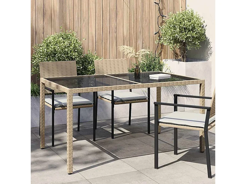 Gartentisch 150x90x75 cm Gehärtetes Glas Poly Rattan Beige