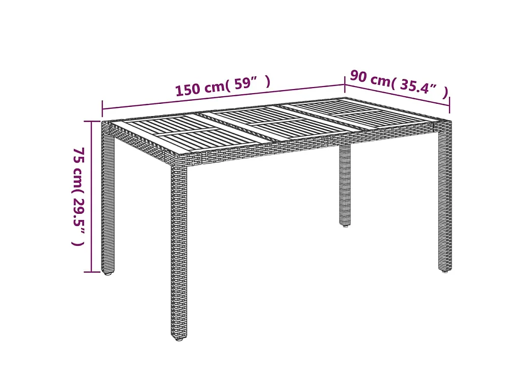Mesa de jardim com tampo de madeira 150x90x75 cm vime PE cinza