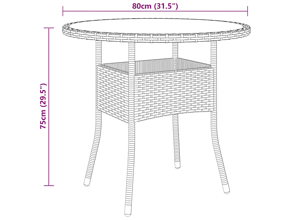 Table de jardin Ø80x75 cm Verre trempé/résine tressée Noir