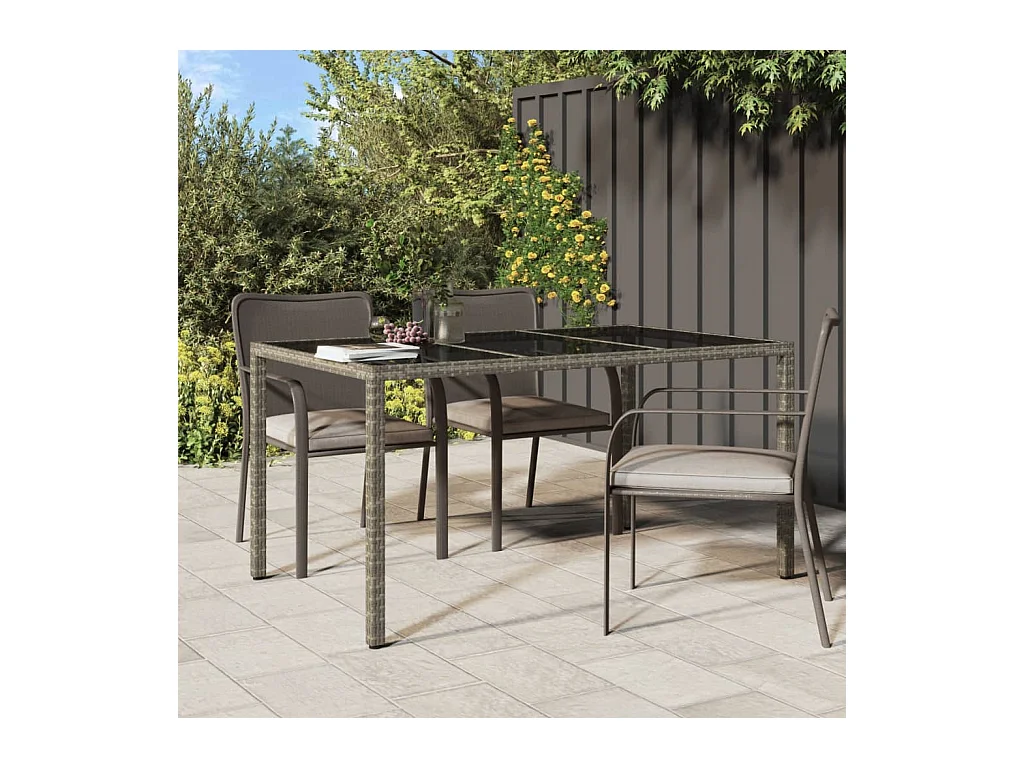 Tuintafel 150x90x75 cm gehard glas en poly rattan grijs