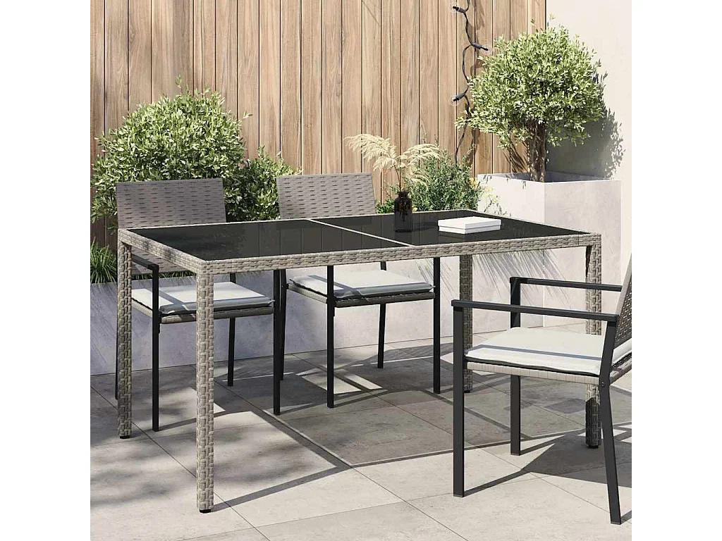 Table de jardin 150x90x75 cm Verre trempé et poly rotin Gris