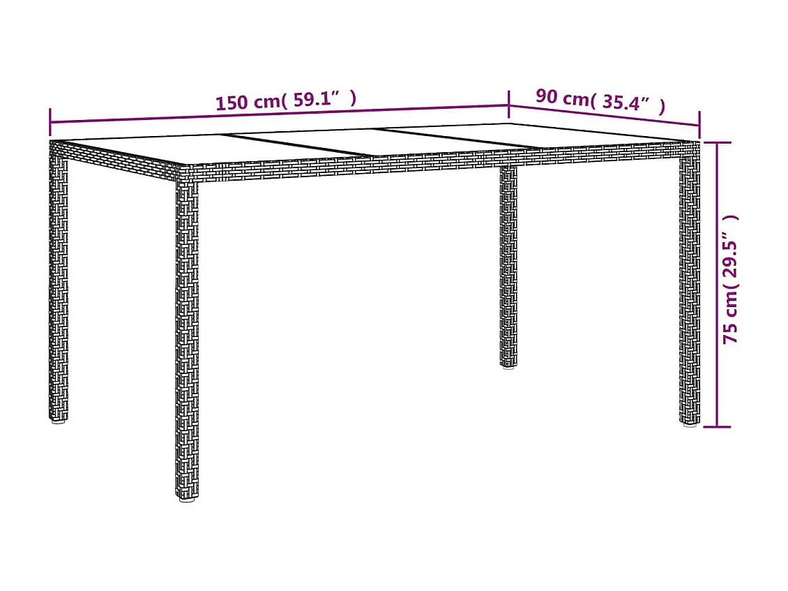 Table de jardin 150x90x75 cm Verre trempé et poly rotin Gris
