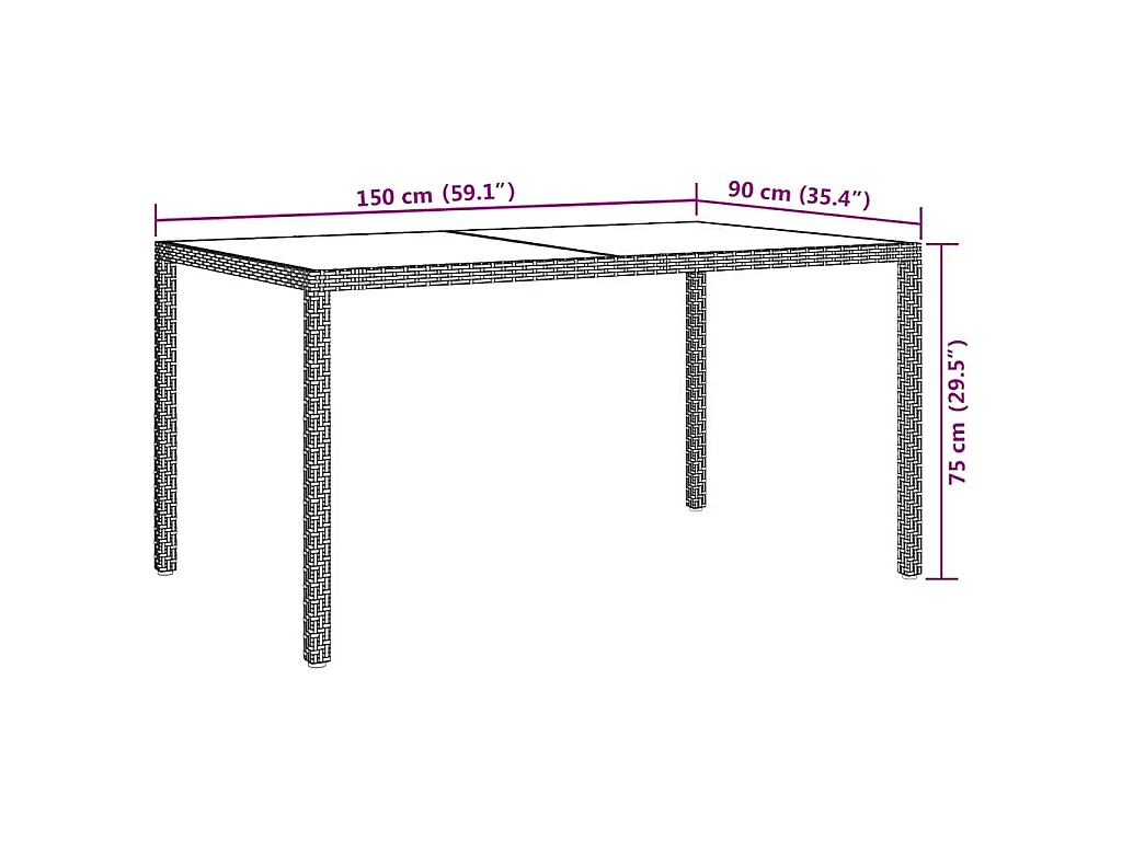 Table de jardin 150x90x75 cm Verre trempé et poly rotin Gris