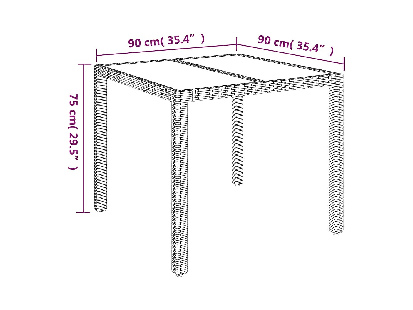 Table de jardin dessus en verre Noir 90x90x75 cm Résine tressée