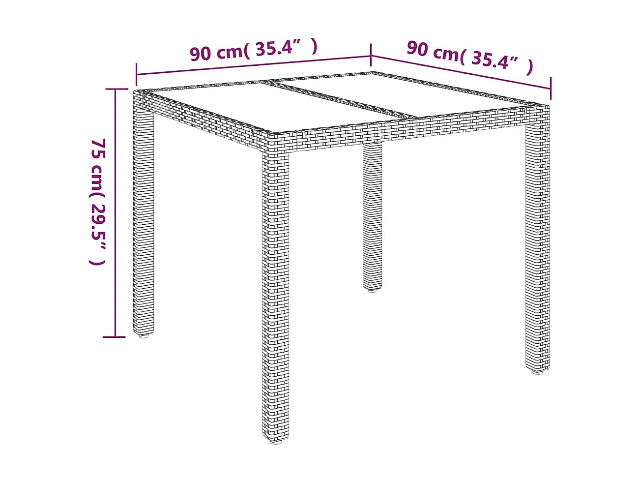 Mesa de jardim com tampo de vidro 90x90x75 cm vime PE preto