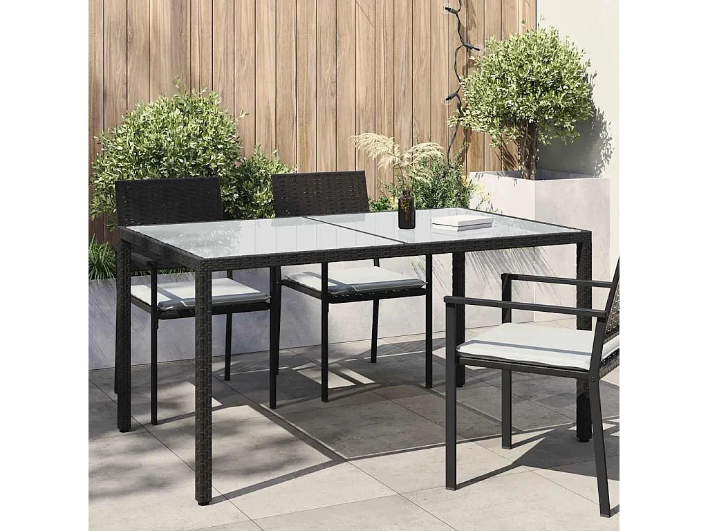 Tuintafel 150x90x75 cm gehard glas en poly rattan zwart