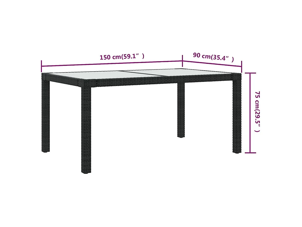 Tuintafel 150x90x75 cm gehard glas en poly rattan zwart
