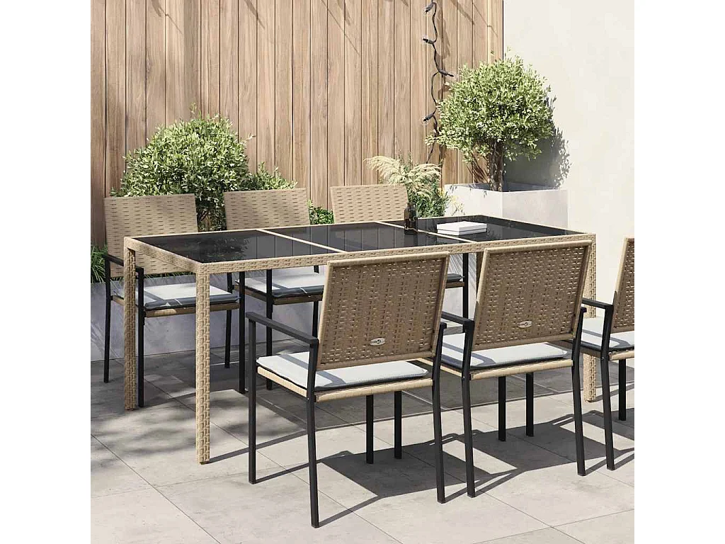 Mesa de jardim 190x90x75 cm vidro temperado e vime PE bege