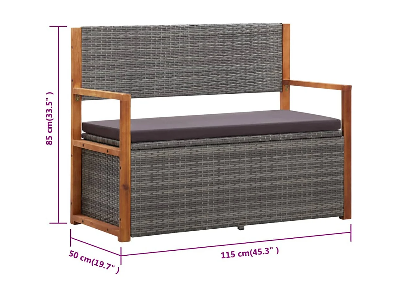 Bank mit Stauraum 115 cm Poly Rattan Massivholz Akazie Grau