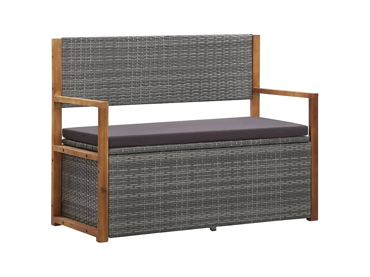 Bank mit Stauraum 115 cm Poly Rattan Massivholz Akazie Grau