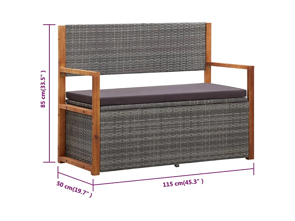 Opbergbankje 115 cm poly rattan en massief acaciahout grijs