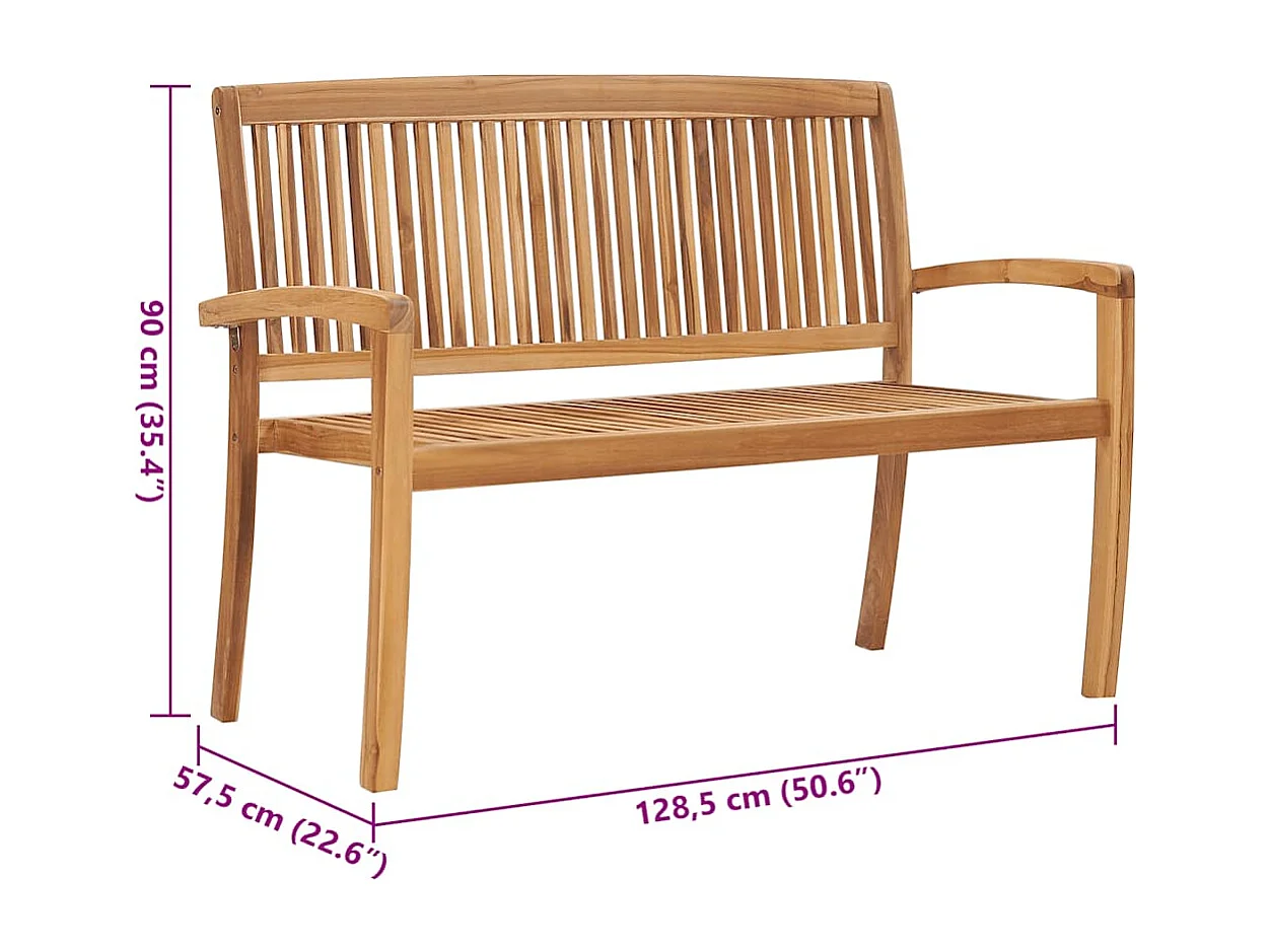 Banco de jardín apilable con cojín madera maciza teca 128,5 cm