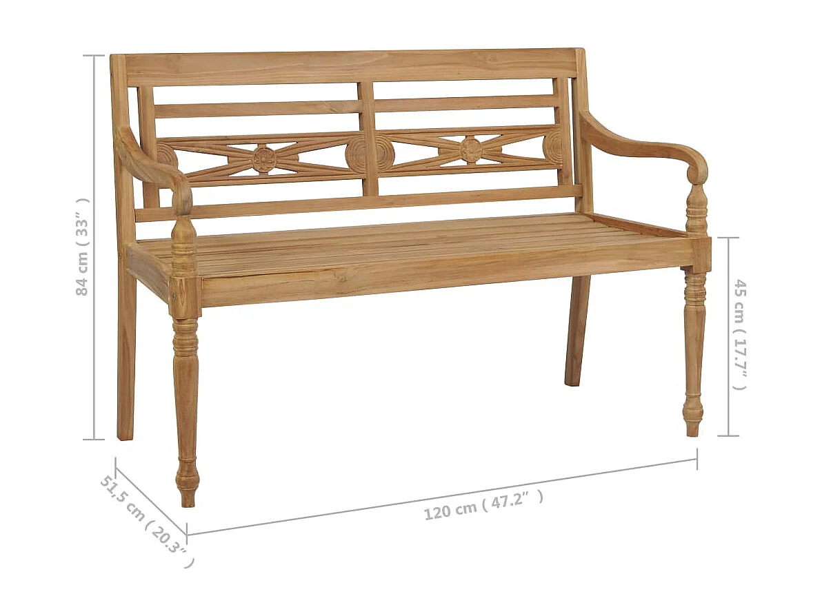 Banc Batavia avec coussin gris 120 cm Bois de teck massif